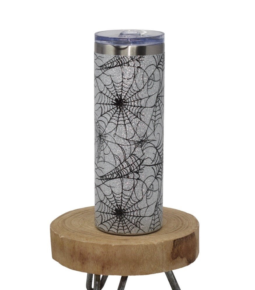 Silver glitter spider web tumbler