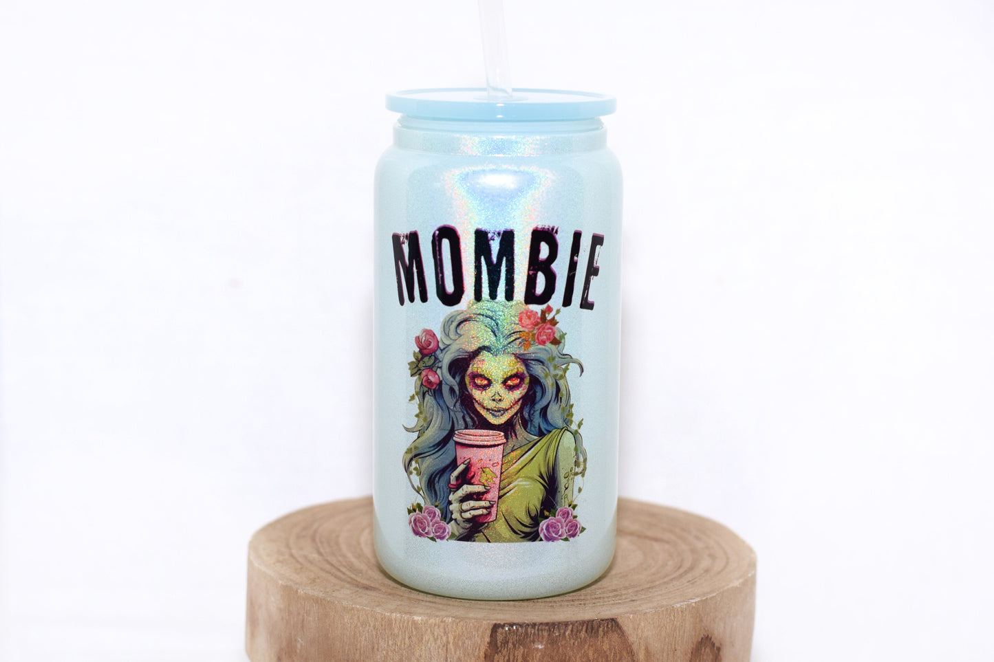 Mombie blue holographic glass can